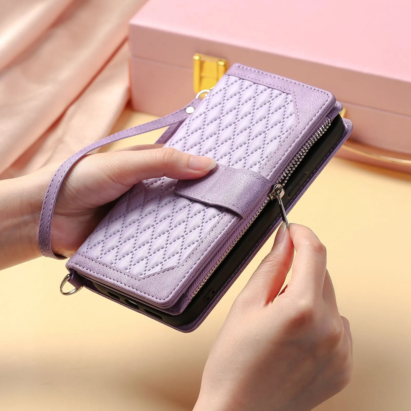 005 Style Rhombus Texture PU Leather Phone Case For iPhone 13 mini 5.4 inch, Card Holder Anti-fall Shock-absorption Zipper Pocket Wallet Cover Stand with Strap