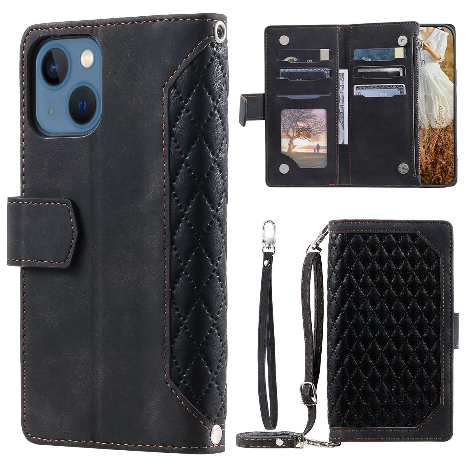 005 Style Rhombus Texture PU Leather Phone Case For iPhone 13 mini 5.4 inch, Card Holder Anti-fall Shock-absorption Zipper Pocket Wallet Cover Stand with Strap