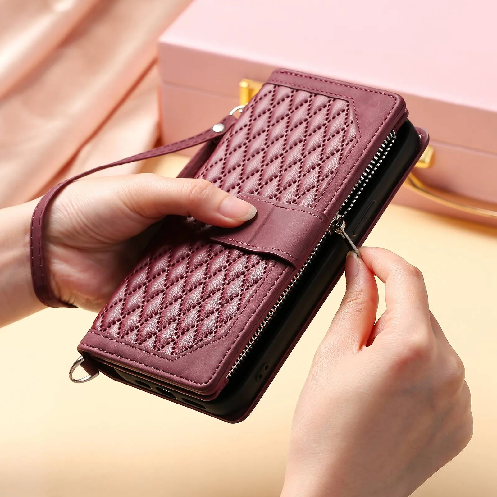 005 Style Rhombus Texture PU Leather Phone Case For iPhone 13 mini 5.4 inch, Card Holder Anti-fall Shock-absorption Zipper Pocket Wallet Cover Stand with Strap