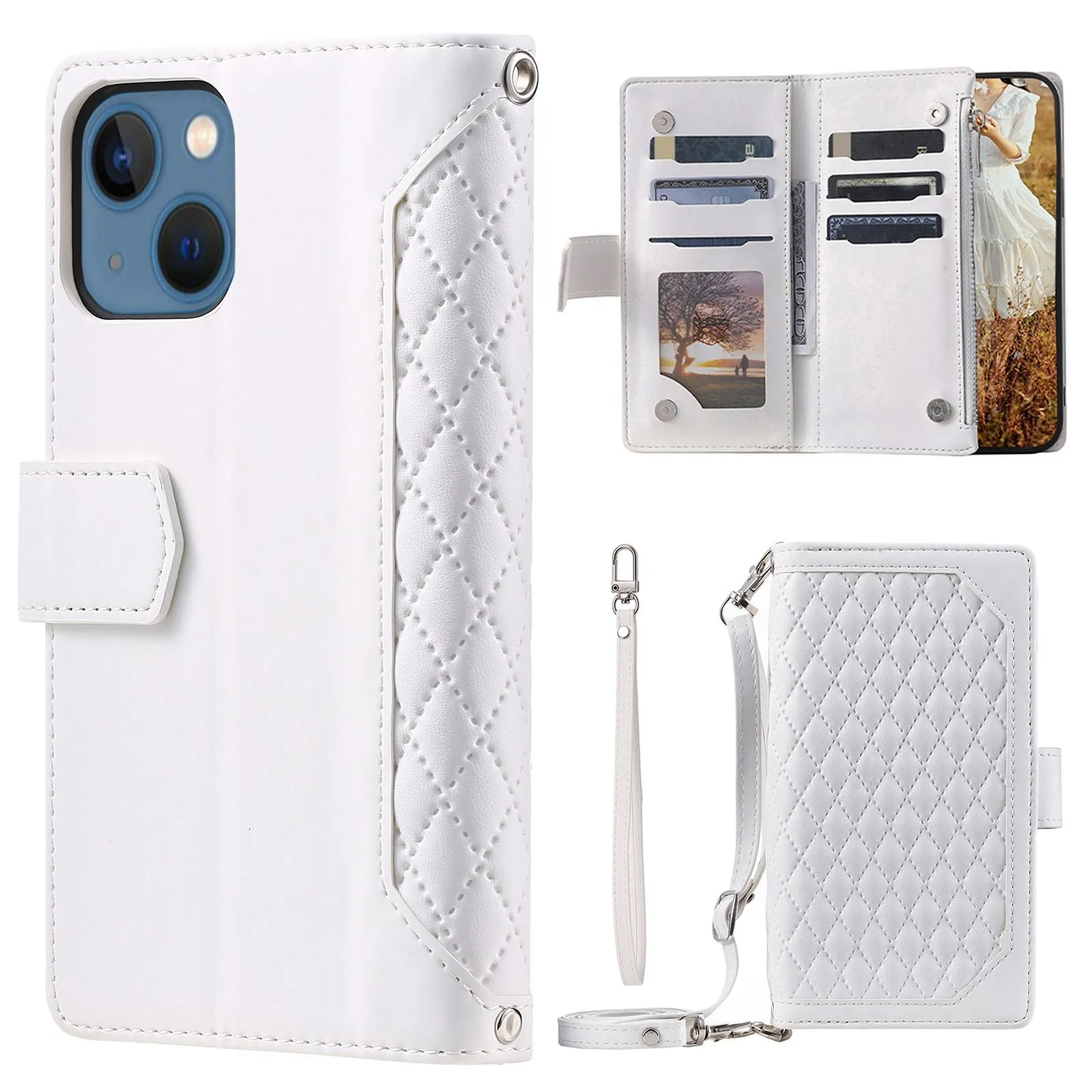 005 Style Rhombus Texture PU Leather Phone Case For iPhone 13 mini 5.4 inch, Card Holder Anti-fall Shock-absorption Zipper Pocket Wallet Cover Stand with Strap