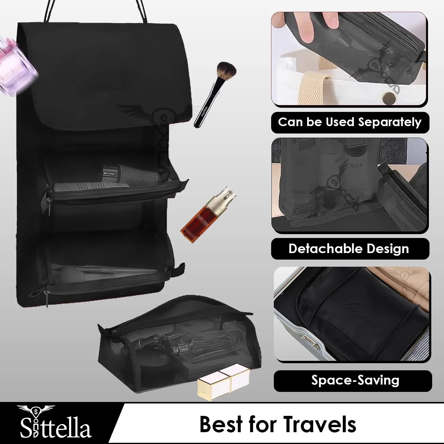 4 in 1 Foldable Hanging Cosmetic Storage Toiletry Bag for Women Travel (Black)