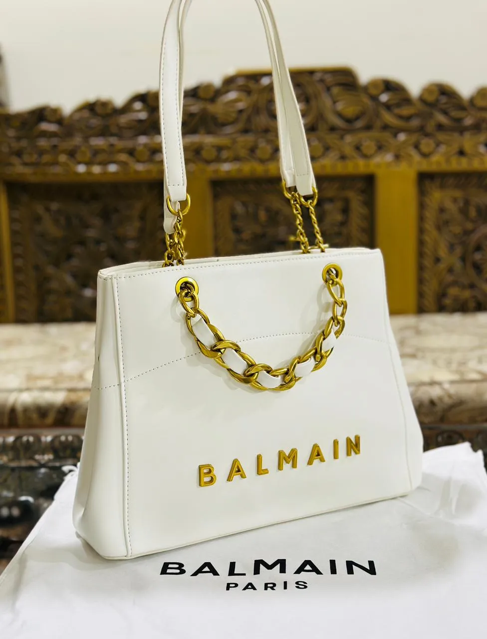 Balmain Medium Tote Bag with Off Chain (White)