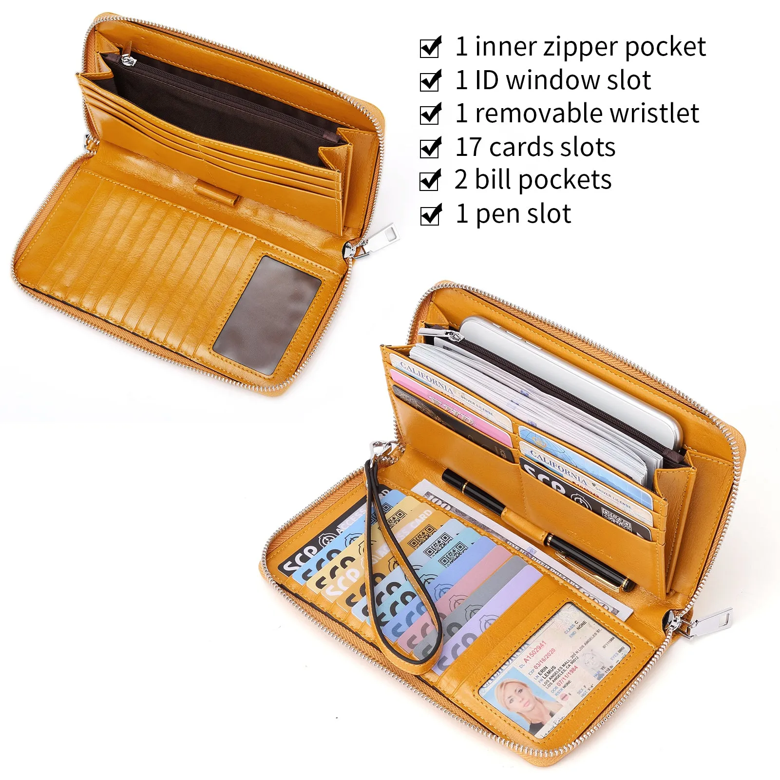 BOSTANTEN Leather Wallets for Women RFID Blocking Zip Around Credit Card Holder Phone Wristlet Clutch