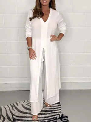 Chic Professional Long Slit Blouse with Pants Suits