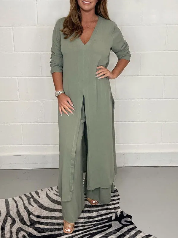 Chic Professional Long Slit Blouse with Pants Suits