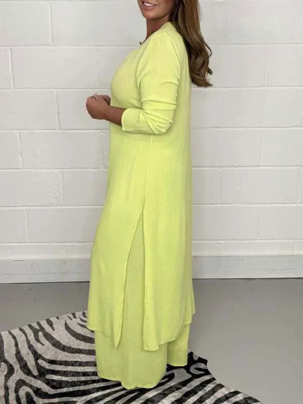 Chic Professional Long Slit Blouse with Pants Suits