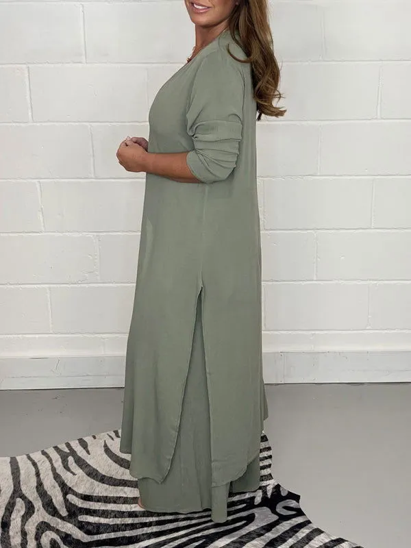 Chic Professional Long Slit Blouse with Pants Suits