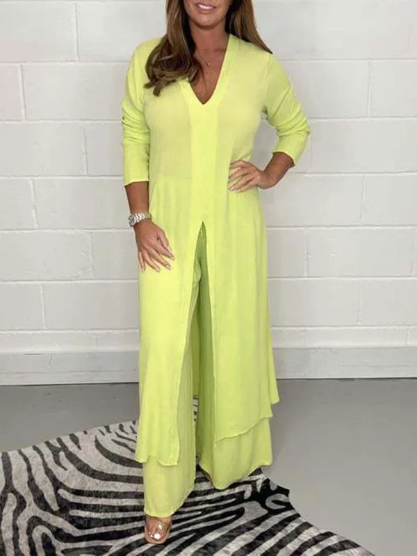 Chic Professional Long Slit Blouse with Pants Suits