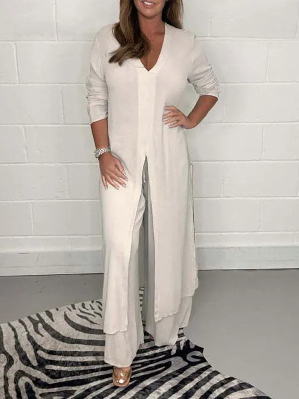 Chic Professional Long Slit Blouse with Pants Suits