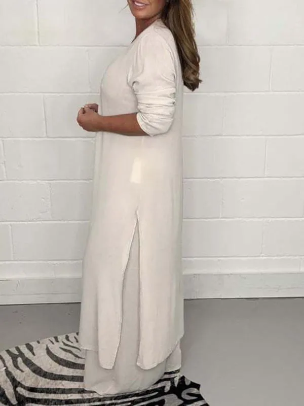 Chic Professional Long Slit Blouse with Pants Suits