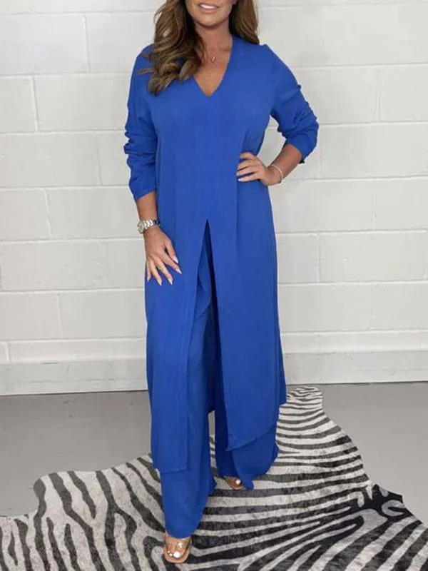 Chic Professional Long Slit Blouse with Pants Suits