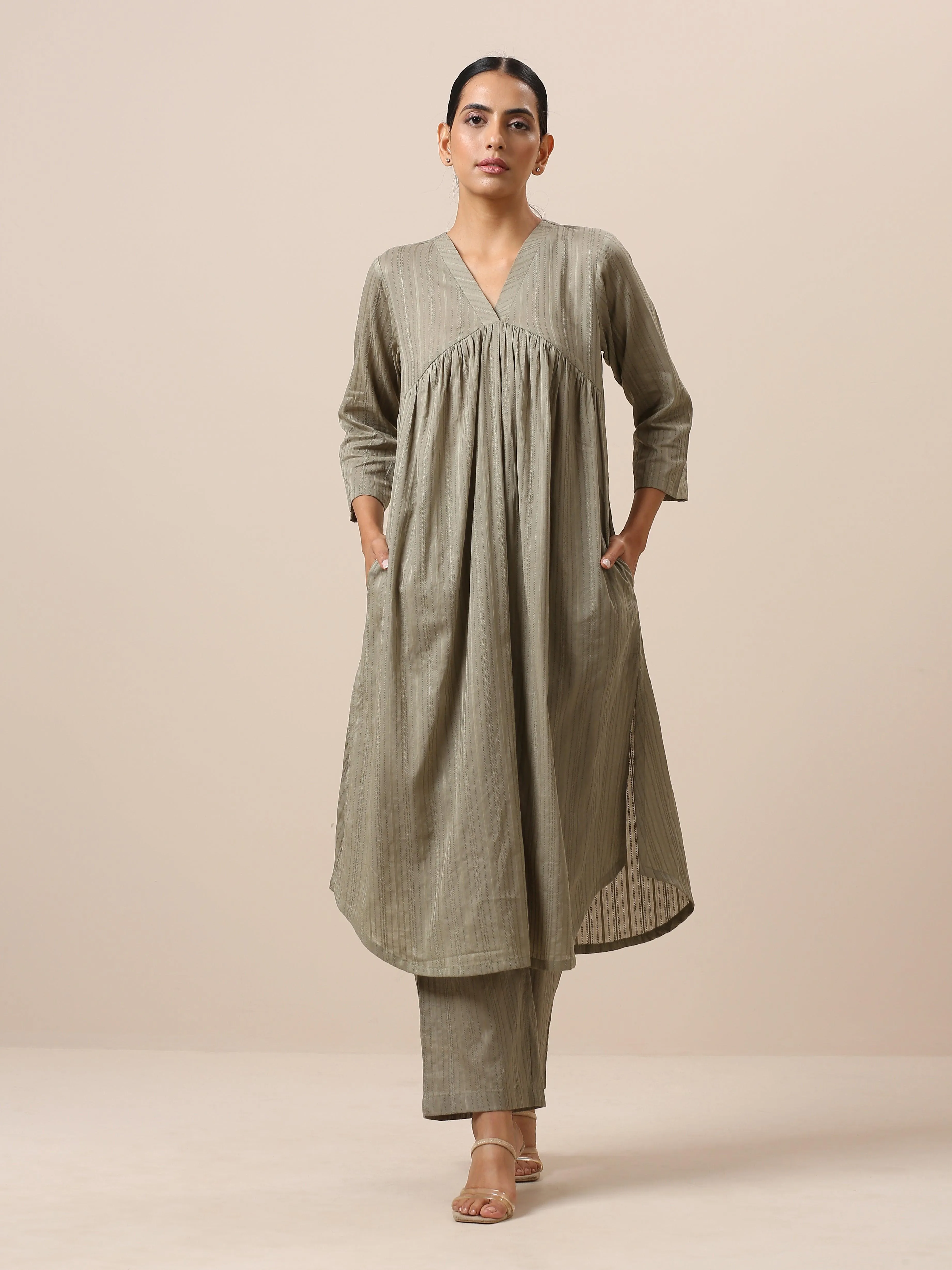 Cotton Olive Green Flared Slit Kurta Pant Set