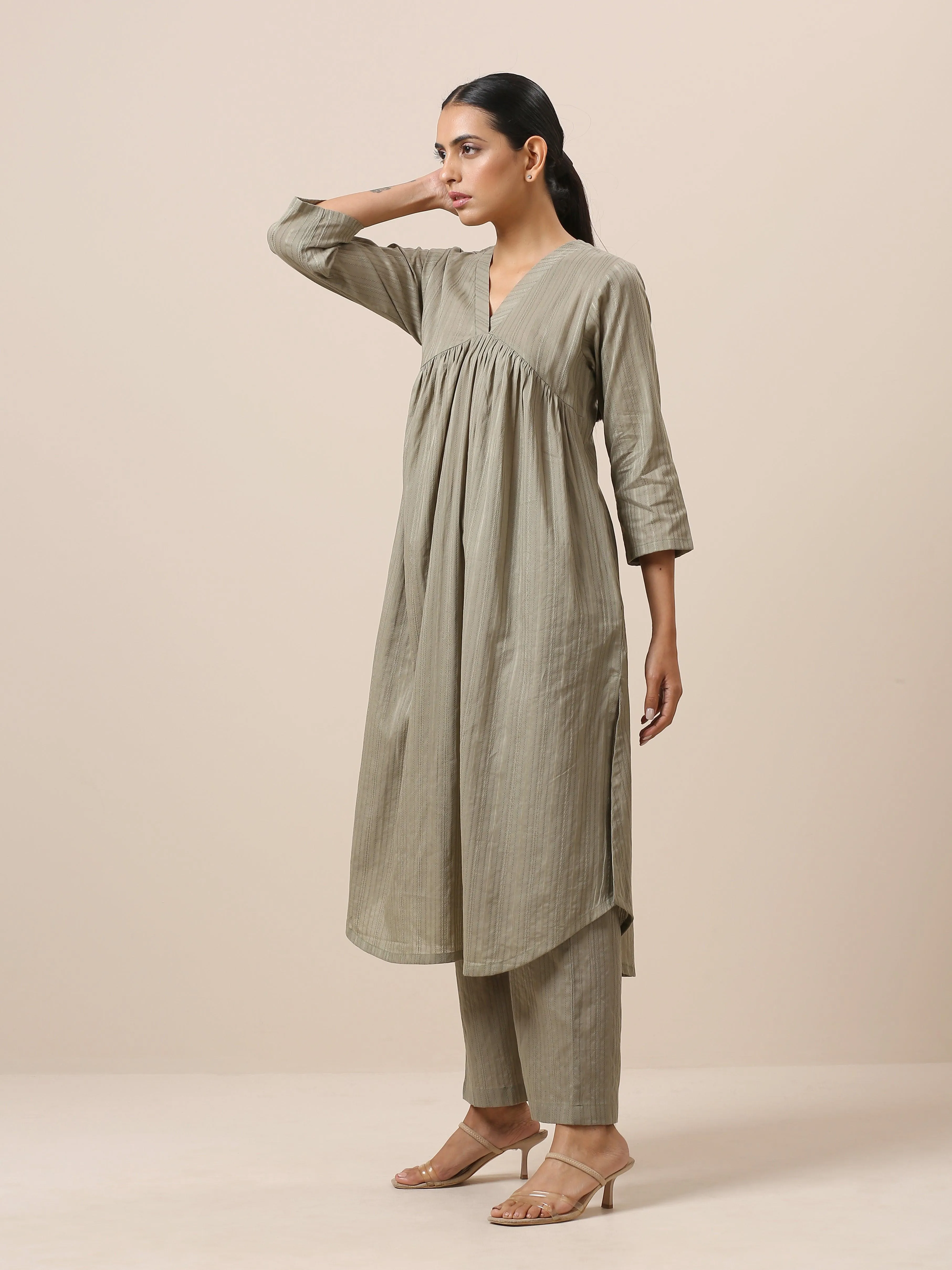 Cotton Olive Green Flared Slit Kurta Pant Set