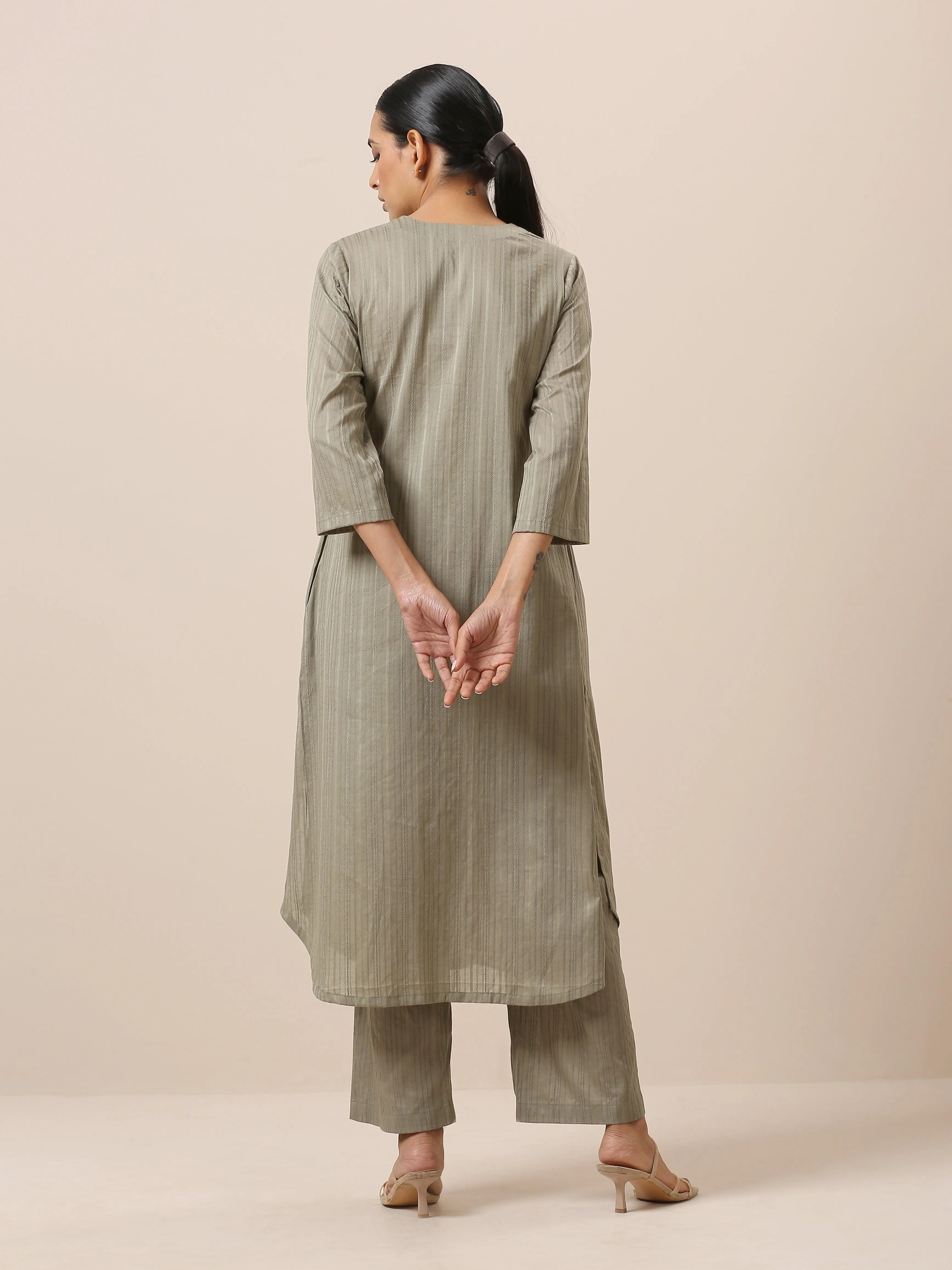 Cotton Olive Green Flared Slit Kurta Pant Set