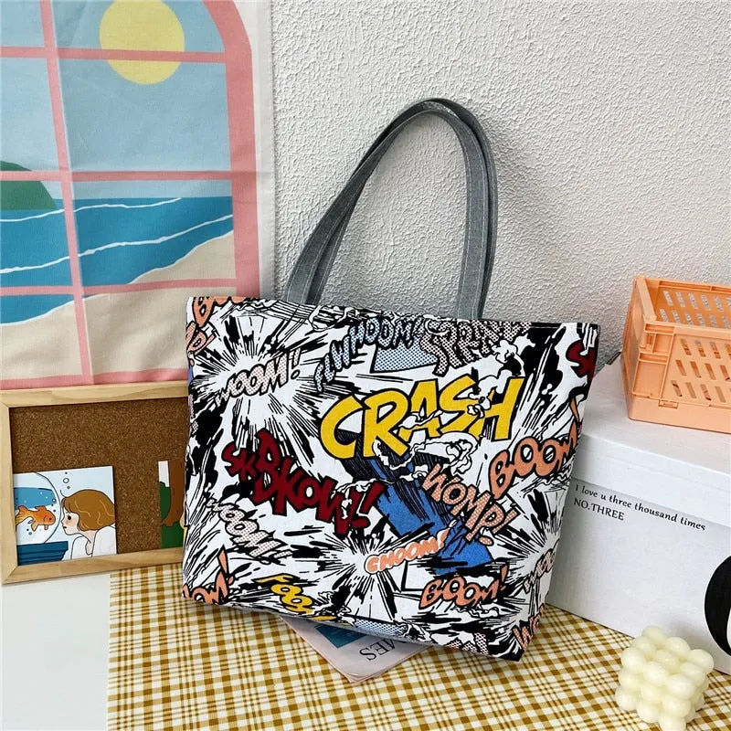 deanwangkt Fashion Folding Women Big Size Handbag Tote Ladies Casual Flower Printing Canvas Graffiti Shoulder Bag Beach Bolsa Feminina