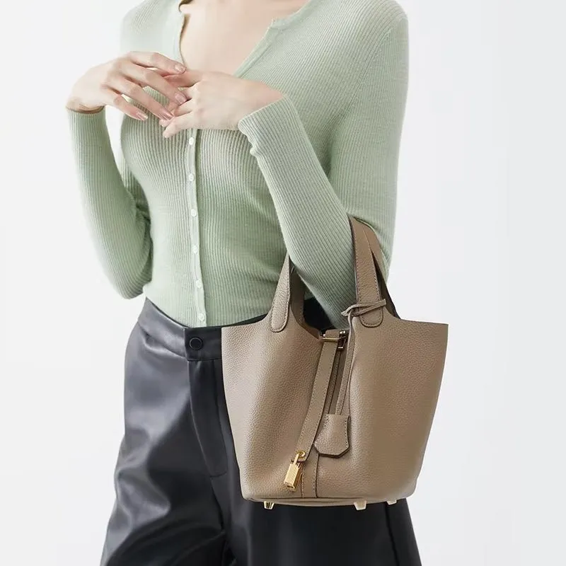 LuxeLeather Chic Closure Bucket Bag