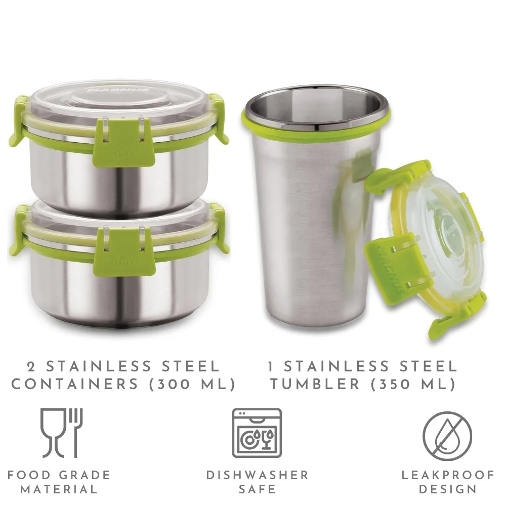 Magnus Ethos 3 Lunch Box Set | Stainless Steel Tiffin with 2 Containers & 1 Glass | Air-Tight, Leakproof, Insulated Bag - Green | Lunch Box for Kids | Lunch Boxes for Office Men, Women