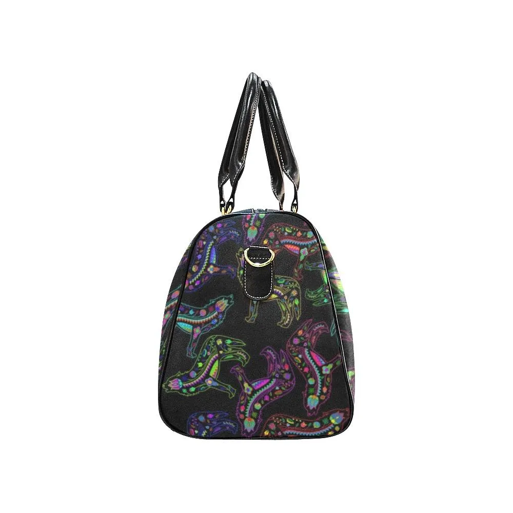 Neon Floral Wolves Waterproof Travel Bag