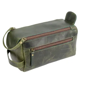 Premium Buffalo Leather Unisex Toiletry Bag Travel Dopp Kit (Dark Green)