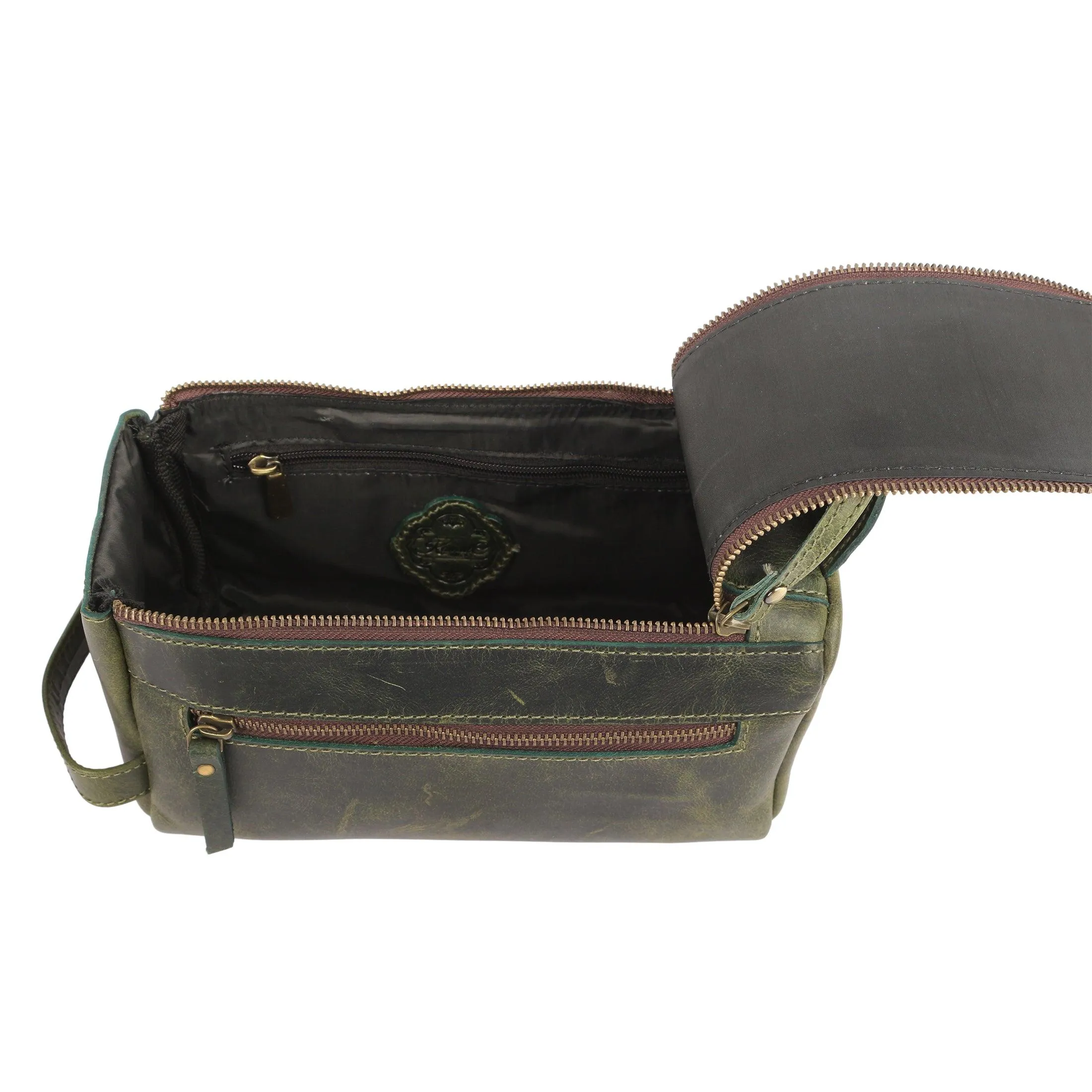 Premium Buffalo Leather Unisex Toiletry Bag Travel Dopp Kit (Dark Green)