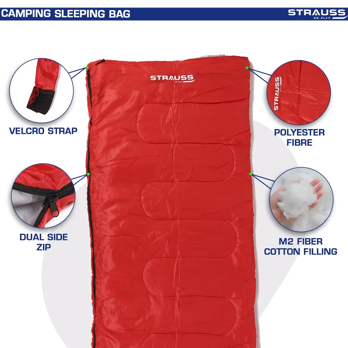 STRAUSS Camping Sleeping Bag 8°C to -20°C | Can Be Used in Summer, Spring and Winter | Lightweight and Portable | Ideal for Travel Camping Hiking and Trekking | for Adults & Kids,(Red)