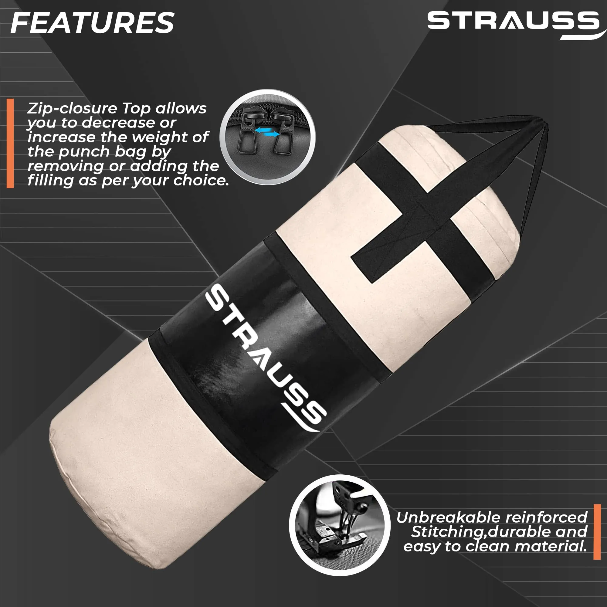 Strauss Canvas Heavy Duty Filled Gym Punching Bag | Comes with Hanging S Hook, Zippered Top Head Closure & Heavy Straps | 2 Feet, (Cream/Black)