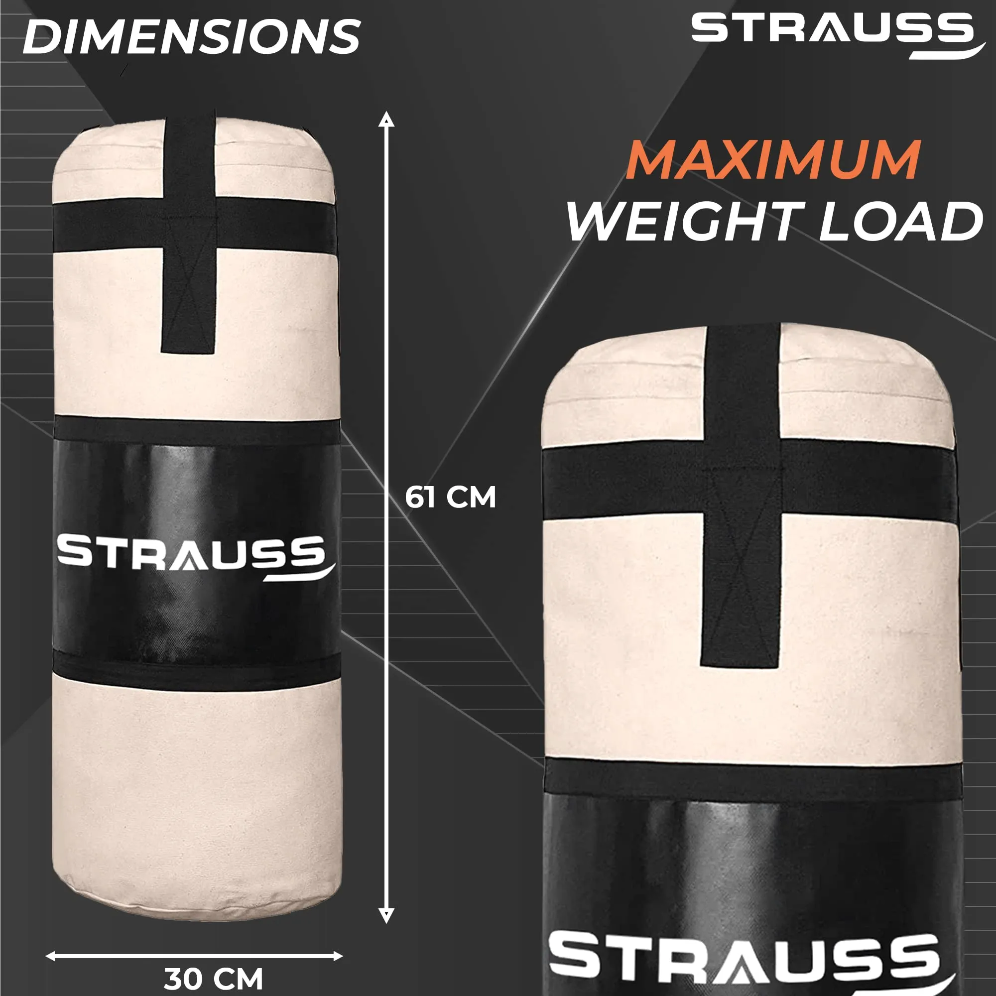 Strauss Canvas Heavy Duty Filled Gym Punching Bag | Comes with Hanging S Hook, Zippered Top Head Closure & Heavy Straps | 2 Feet, (Cream/Black)