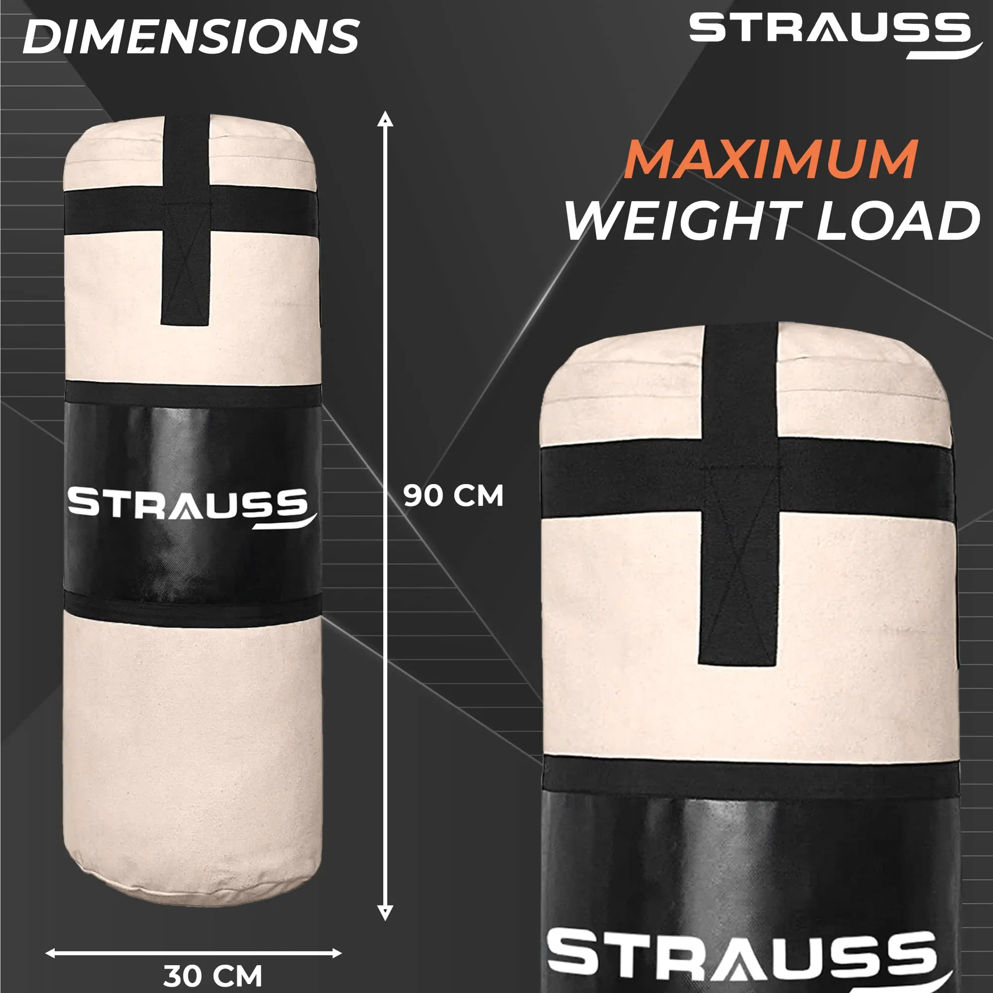 Strauss Canvas Heavy Duty Filled Gym Punching Bag|Hanging S Hook, Zippered Top Head Closure,Heavy Straps|Ideal for Boxing, MMA,Muay Thai|Boxing Bag for Home Gym & Fitness Training|3 Feet,(Cream/Black)