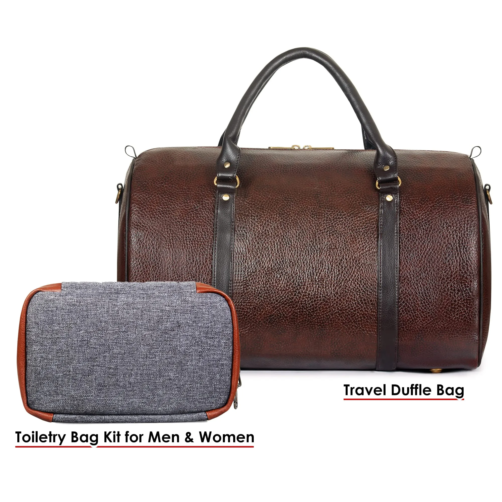 The Clownfish Combo of Magnum 34 liters Faux Leather Travel Duffle Bag (Chocolate Brown) & The Clownfish Travel Pouch Toiletry Bag Kit for Men & Women (Grey)