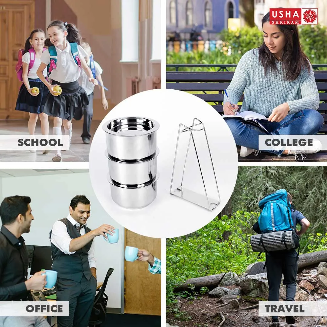 USHA SHRIRAM Stainless Steel Insulated Lunch Box With Insulated Bag |3pc (250ml each) Stackable & Leak Proof Containers| Lunch Box for Kids Office Men & Women | Insulated Bag for Extra Hot & Cold Food