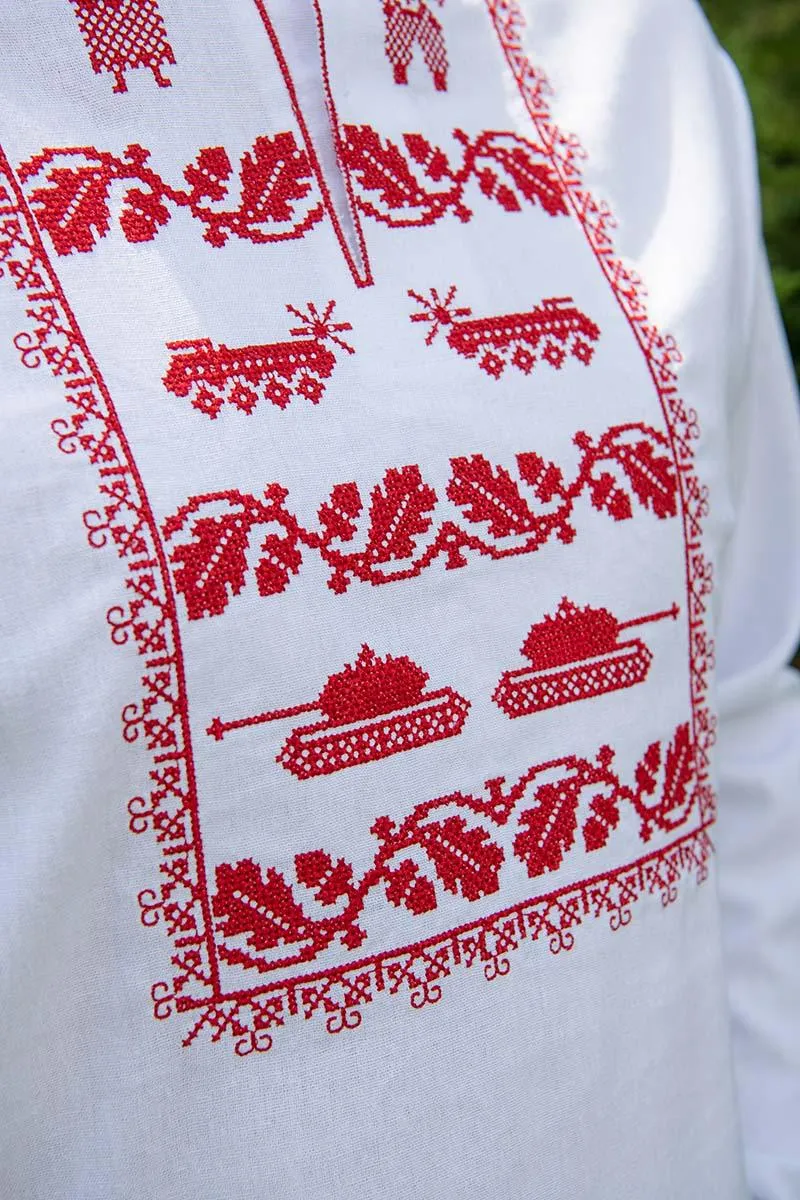 White men's shirt with a contemporary red ornament