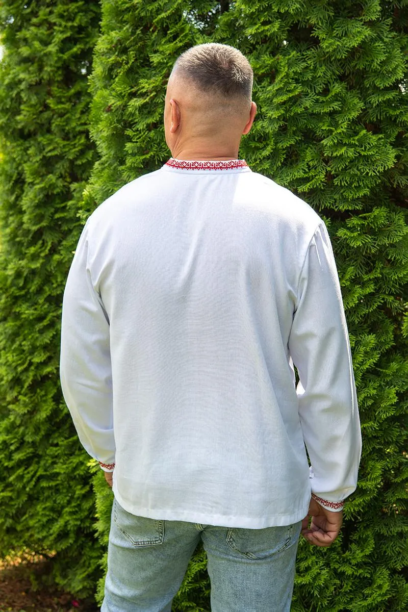 White men's shirt with a contemporary red ornament