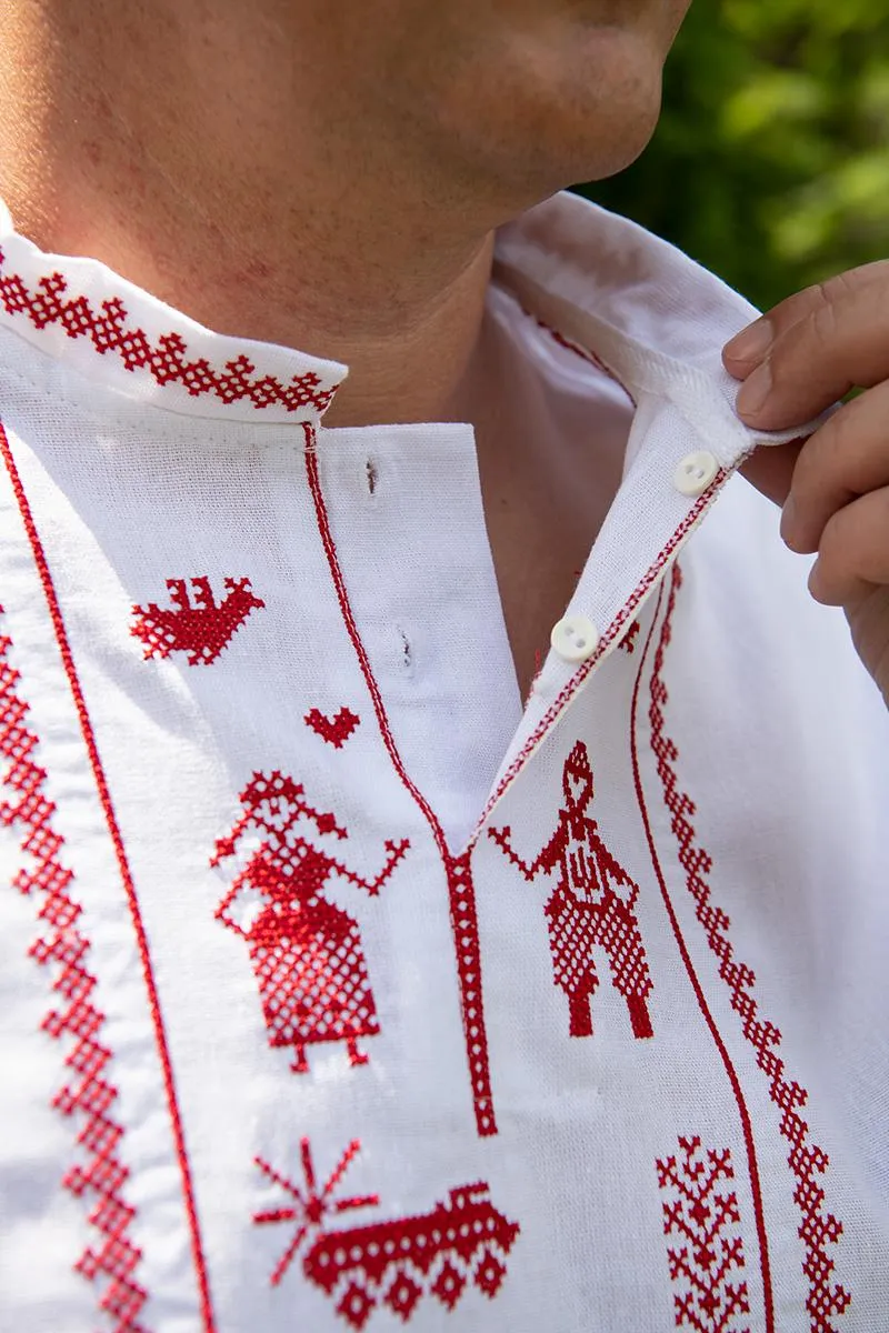 White men's shirt with a contemporary red ornament