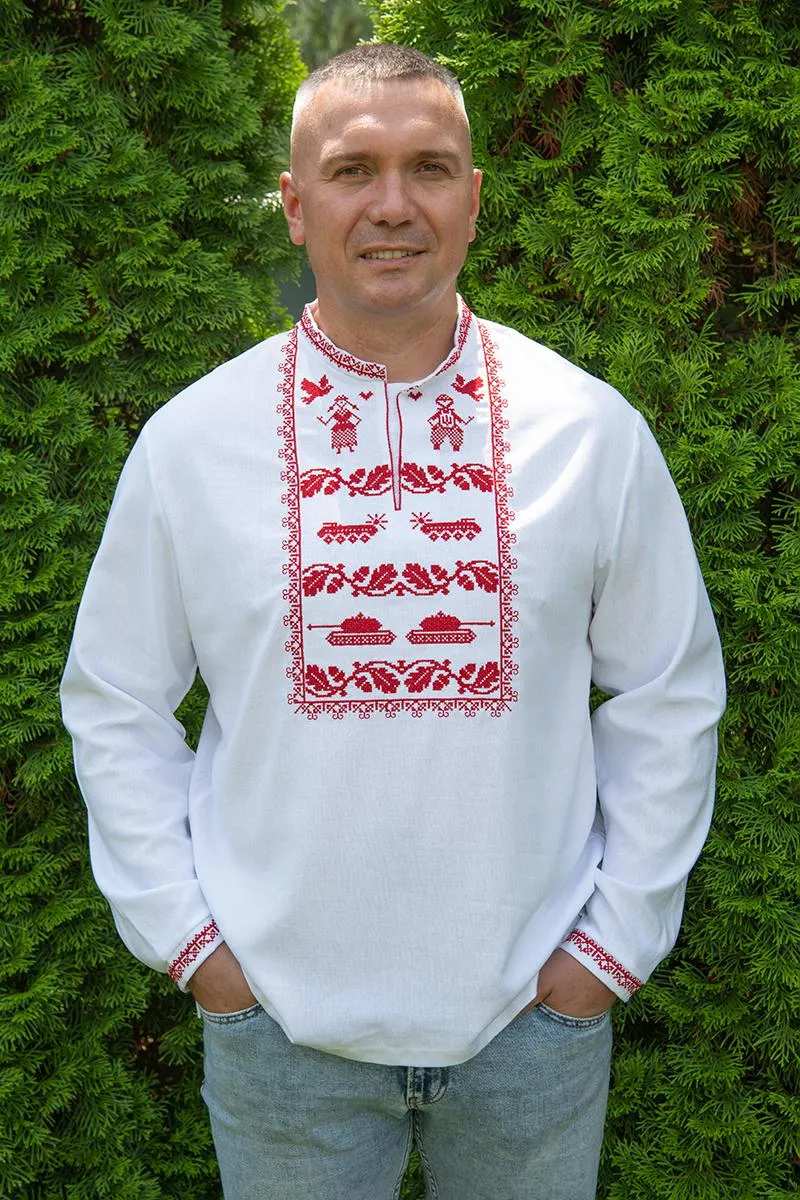 White men's shirt with a contemporary red ornament