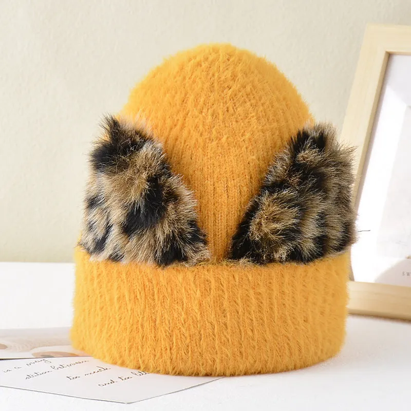 Women's autumn and winter wool cap leopard print cat ears hat elastic knitted ski cap