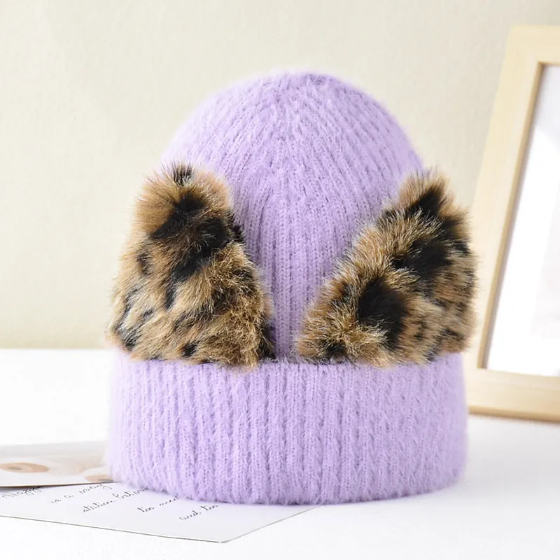 Women's autumn and winter wool cap leopard print cat ears hat elastic knitted ski cap