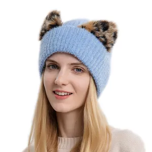 Women's autumn and winter wool cap leopard print cat ears hat elastic knitted ski cap