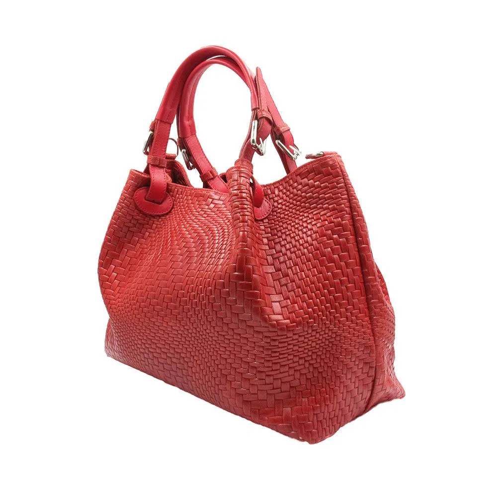 Woven Braided Style Red Genuine Leather Medium Handbag Made In Italy