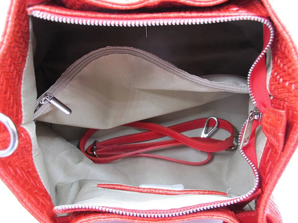 Woven Braided Style Red Genuine Leather Medium Handbag Made In Italy